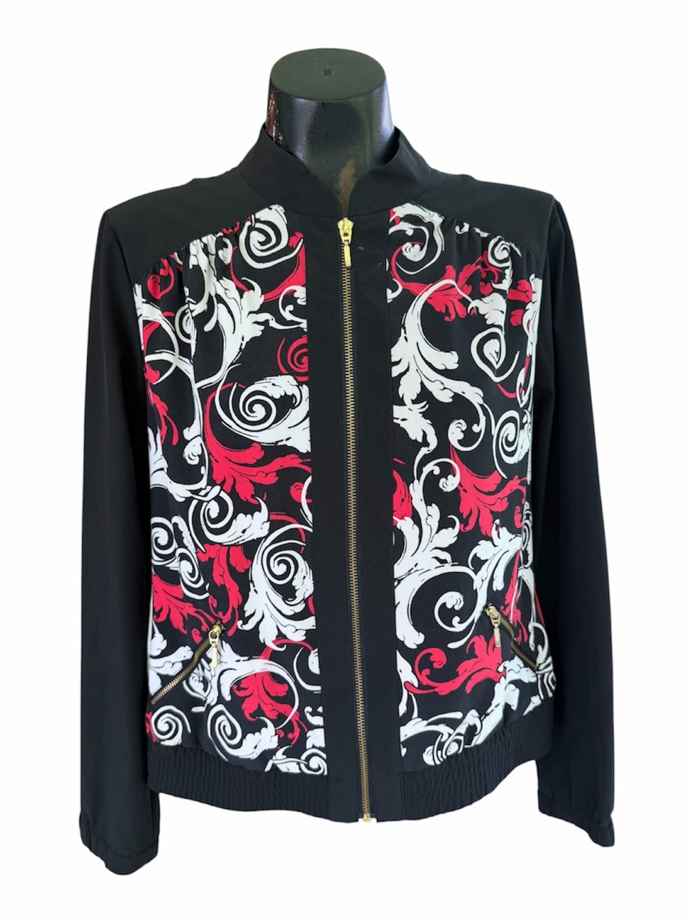 Zenergy by Chico’s Black & Red Flowered Zip Up Lightweight Jacket sz1 U.S. 8/10